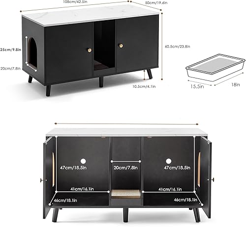 Miniatura 8 de Caja de arena para gatos, mueble oculto para 2 gatos con gran espacio, armario interior para casa de mascotas, 42.5 x 19.6 x 23.8 pulgadas, color