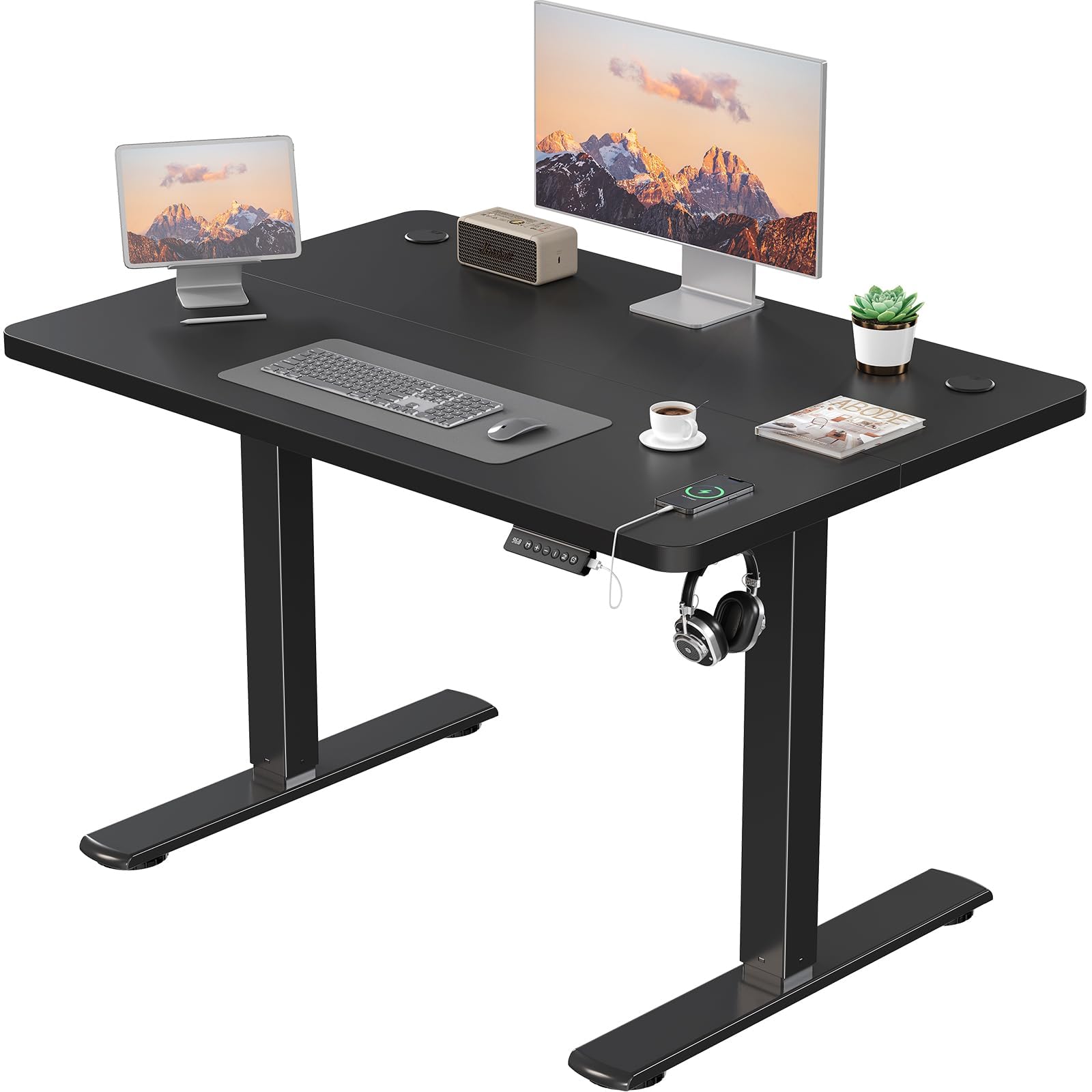 JUMMICO Höhenverstellbarer Elektrischer Schreibtisch 100 x 60 cm mit USB Ladeanschluss, Schreibtisch Höhenverstellbar, Ergonomischer Steh-Sitz Tisch Schwarz