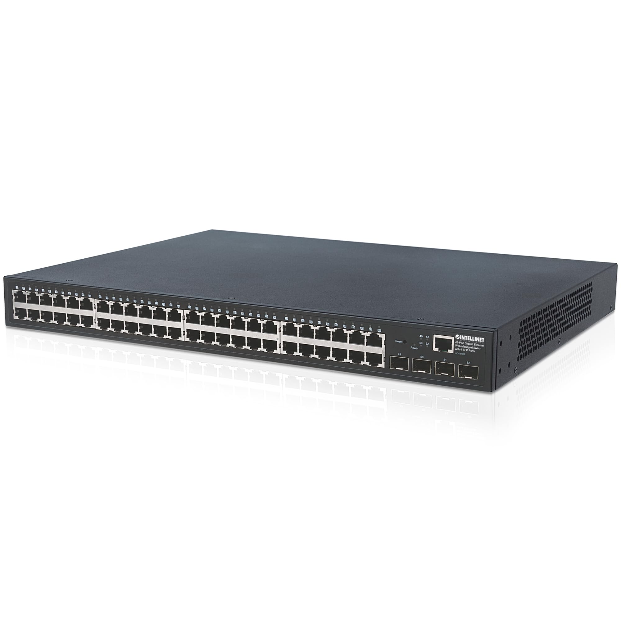 Intellinet 48 Port Web Managed Gigabit Ethernet Switch with 4 SFP Ports –with 19" Rackmount Brackets, SNMP Management and Remote Monitoring, Metal