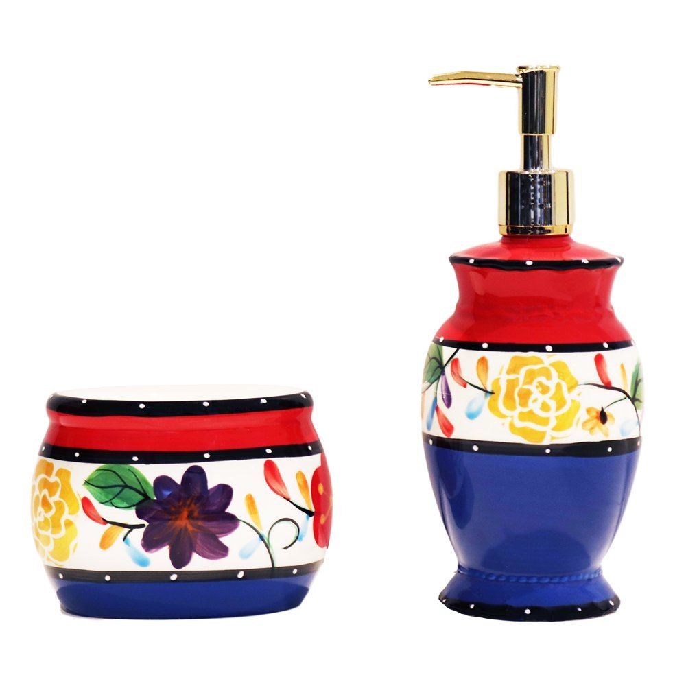 ACK Tutti Frutti Viva Hand Painted, Scouring Brillo Pad Holder with Soap Dispenser for Bathroom and Kitchen Countertop, Storage and Liquid Organizer