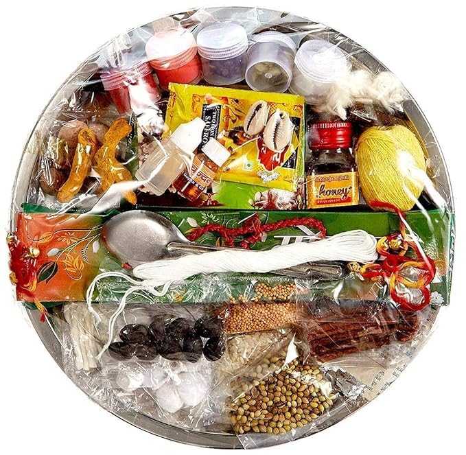 Pooja Thali z 32 przedmiotami - specjalne przedmioty Pooja Samagiri dla Navratri Pooja, Ganesh Chaturthi, Grah Pravesh, Diwali, Daily Pooja Samagri, parapetówka Pooja Items Festival Pooja thali ze
