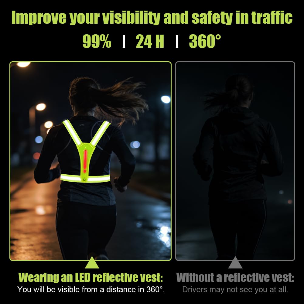 Warnweste Sicherheitsweste, High-Vis reflektierende Warnweste, LEDs Tag und Nacht, 360° Sichtbarkeit mit Fronttasche, Erwachsene & Jugendliche, Einstellbar, für Fahrrad Auto Laufweste Joggen