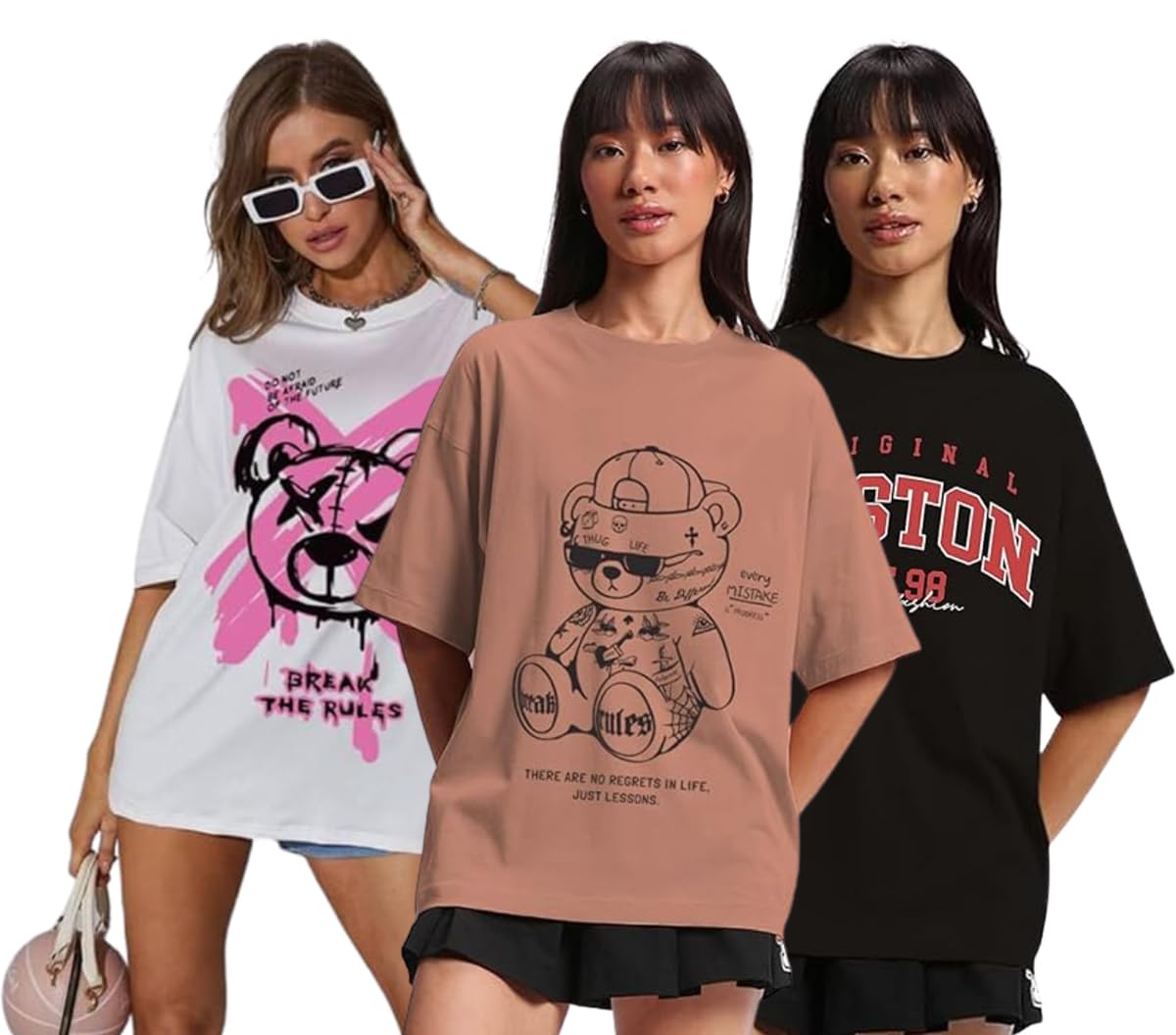 JUNEBERRYPure Cotton Oversized Loose Fit Boyfriend Half Sleeve Cool Front & Back Graphic Printed Round Neck T-Shirt Combo for Women