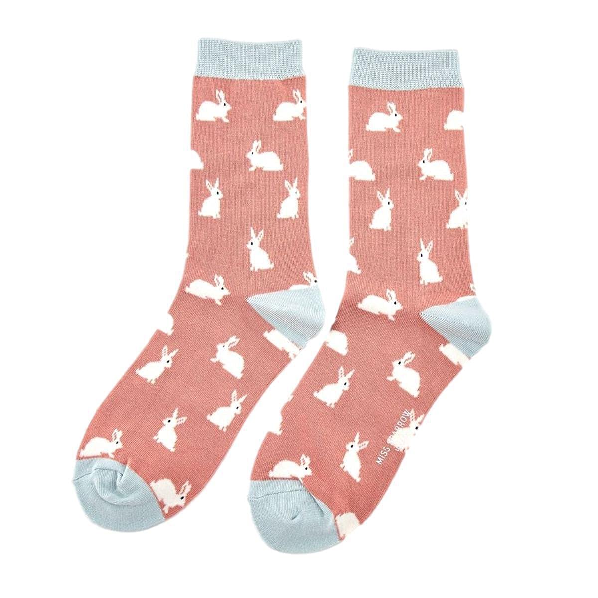 Rabbits on Dusky Pink Womens Novelty Ankle Socks Adult One Size