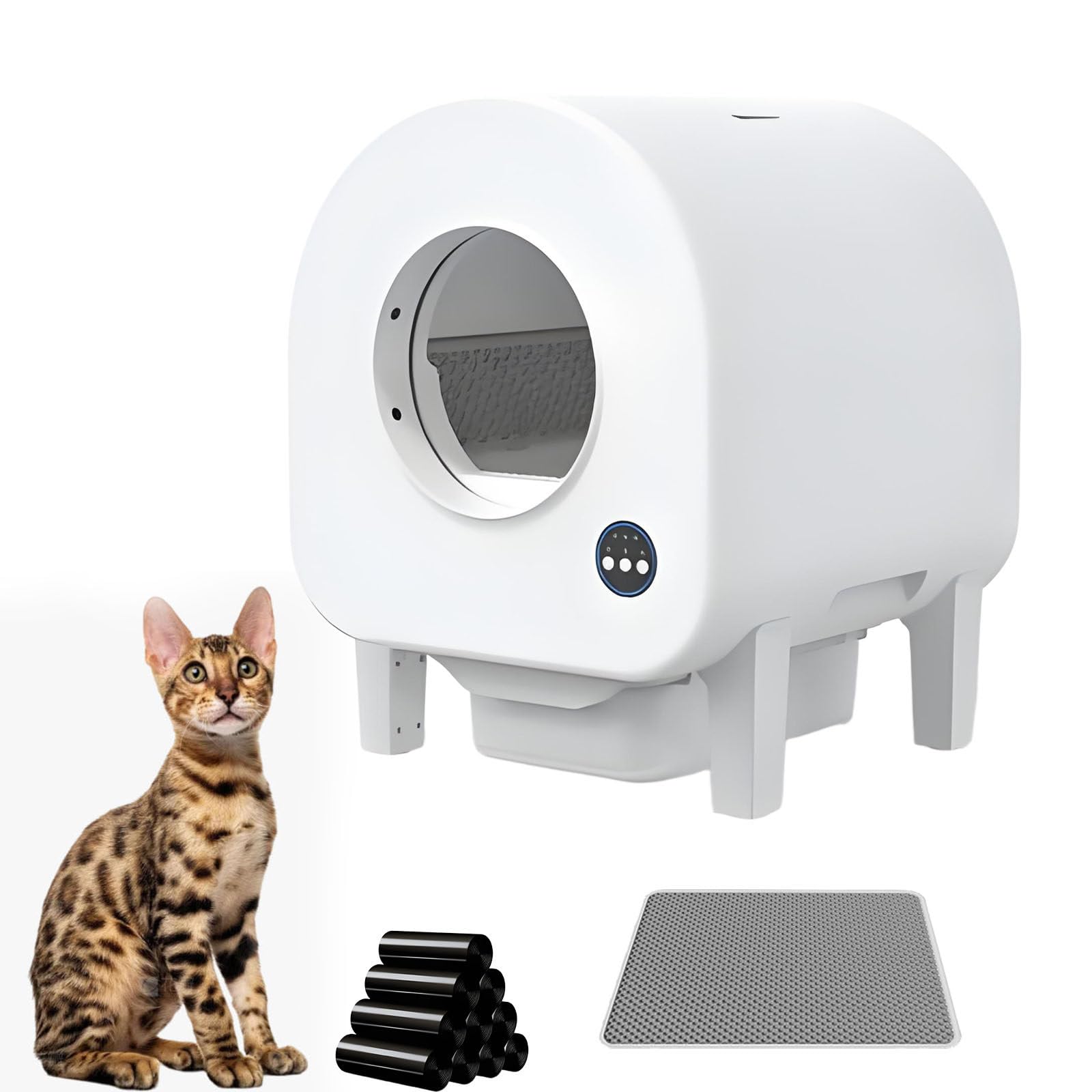 Arenero Autolimpiable para Gatos, AutomáTico para Varios Gatos, Gran Capacidad, Control por App, ProteccióN De Seguridad, EliminacióN De Olores, Bolsas De Basura Y Tapete para Arena Videomodel