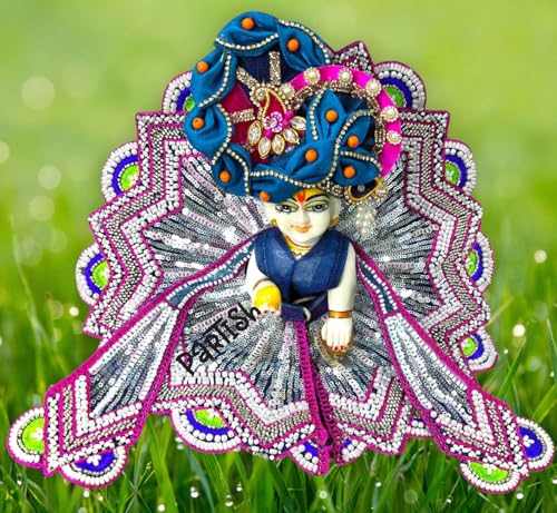 Image of Partish Laddu Gopal Heavy Dress for Janmashtmi with Mukut and Patka l Ladoo Gopal Dress l Bal Gopal l Kanha Ji Thakur Ji Heavy Dress (Size 0, Blue)