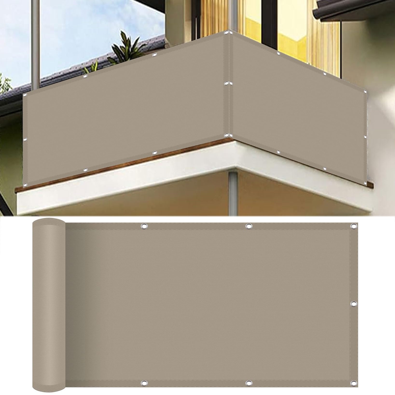 Brise vue balcon 150x600 cm taupe avec attaches pour paravent de terrasse