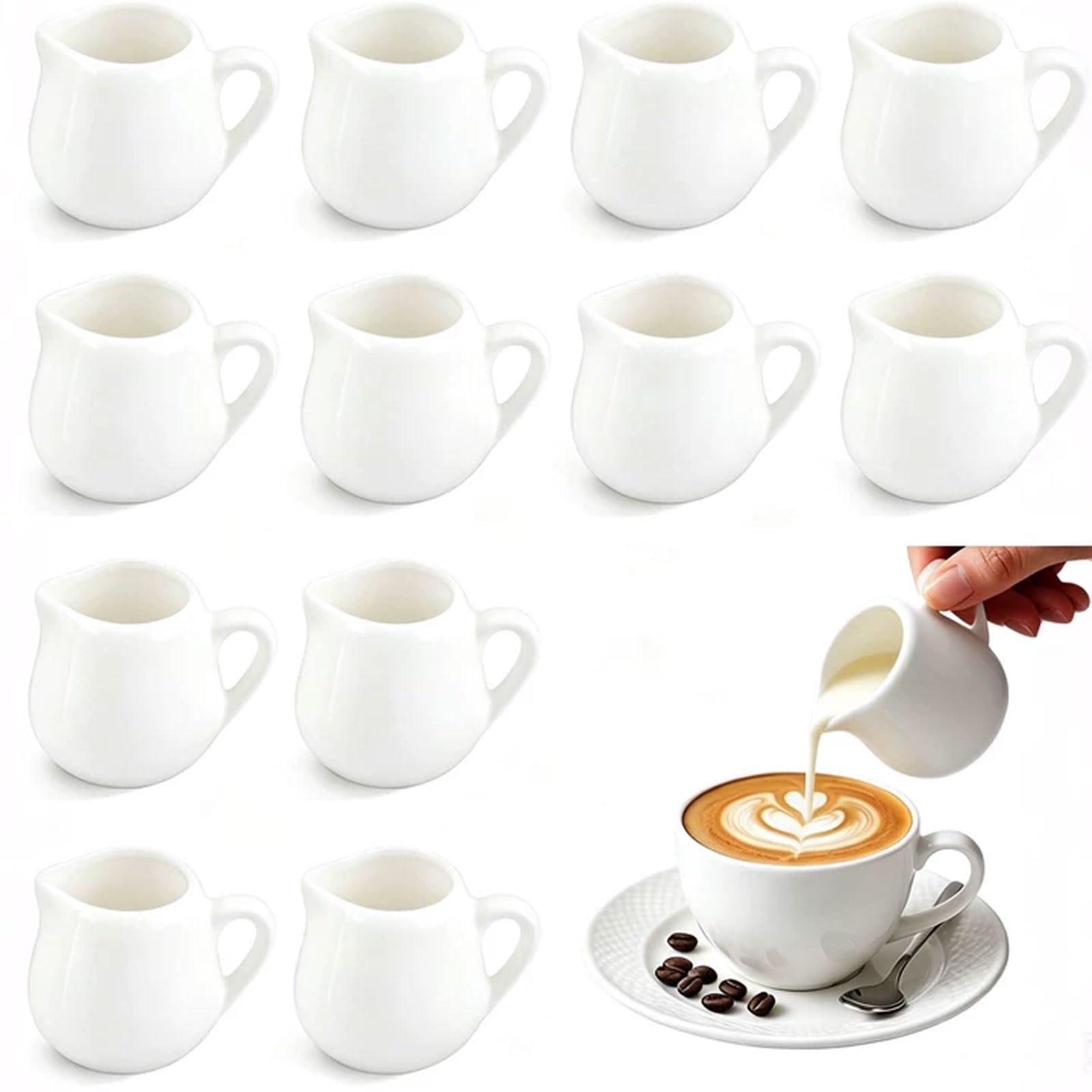 View 1 of 12 PCS Mini Ceramic Creamer, 50ml (1.7oz) White Pitcher with Handle