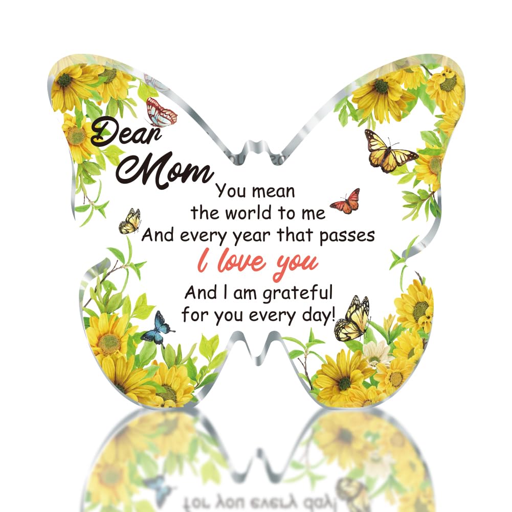 SUPERDANT Inspirational Gifts for Mother Butterfly-Shaped Acrylic Plaque Sunflower Table Centerpieces Bigger Size Stars Crystal Ornament Keepsake Mom Birthday Gifts 12x10x1 cm