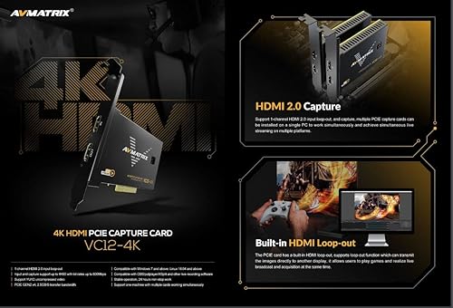 Miniatura 5 de AVMATRIX VC12-4K 4K HDMI PCIE Tarjeta de captura de 1 canal HDMI 2.0 Entrada de bucle de salida y soporte de captura de hasta 4K60 con velocidades