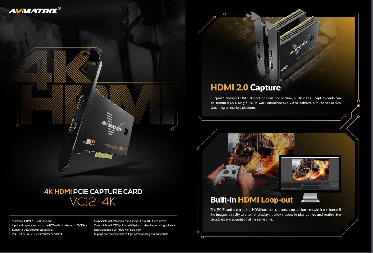 AVMATRIX VC12-4K - Tarjeta de captura HDMI PCIE de 1 canal HDMI 2.0 de entrada y captura de hasta 4K60 con velocidades de bits de hasta 800 Mbps, compatible con video sin comprimir YUY2