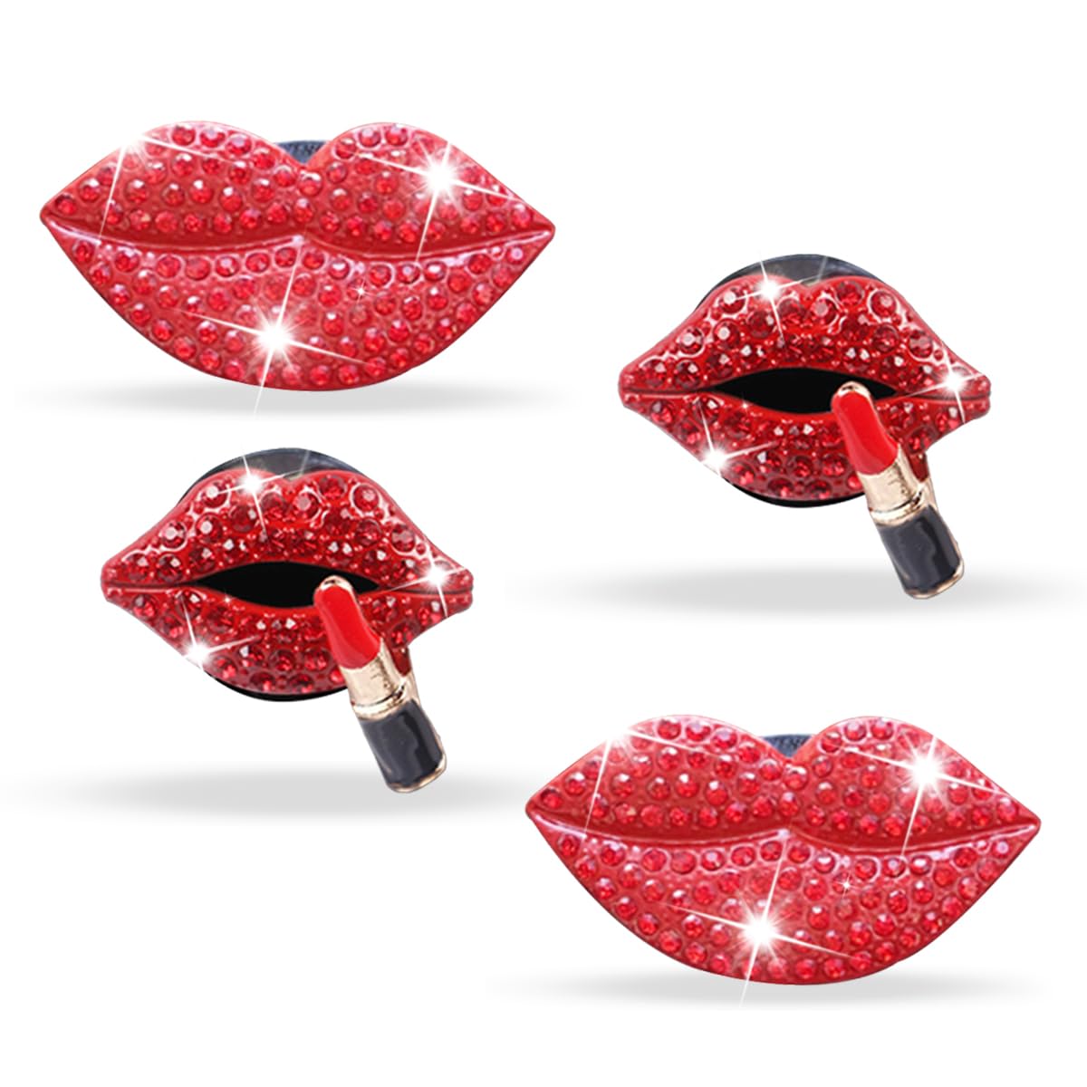 4PCS Rose Red Lip Air Vent Clips, Bling Rhinestone Lip Car Air Fresheners Outlet Diffuser Clip, Bling Car Air Vent Clip, Car Interior Decoration Accessories for Girls Women (Red)