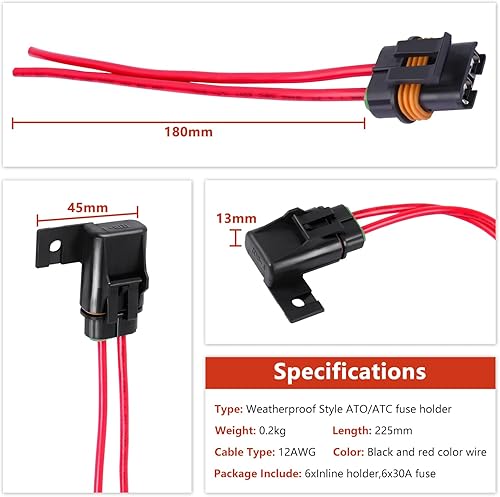 Vista 2 de Zhushan Paquete de 6 portafusibles en línea de 12 V impermeables – Portafusibles de hoja ATO/ATC de 12 AWG con cubierta – Kit de fusibles