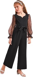 Girl's Polka Dots Mesh Long Sleeve Sweetheart Neck Belted Jumpsuit Romper