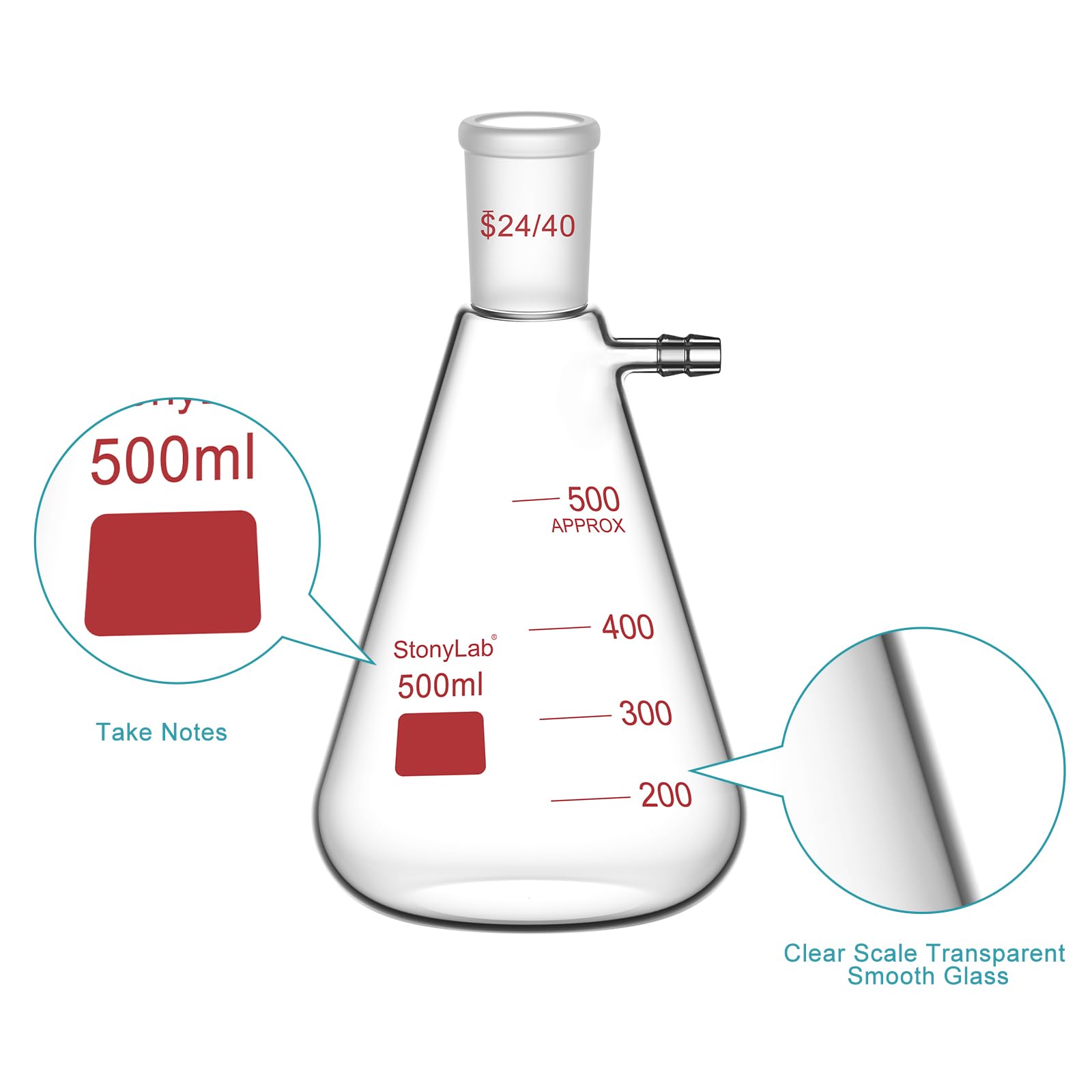 stonylab Filtering Flask with 24/40 Standard Taper Outer Joint, Heavy Wall Borosilicate Glass Filter Flask, Bolt Neck with Tubulation, 500 ml — Amazon image 4