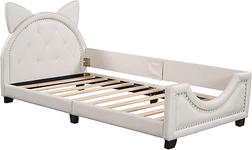 Miniatura 6 de Cama individual tapizada blanca con cabecero copetudo en forma de orejas, base de cama de plataforma baja con rieles para niños, niñas, niños y
