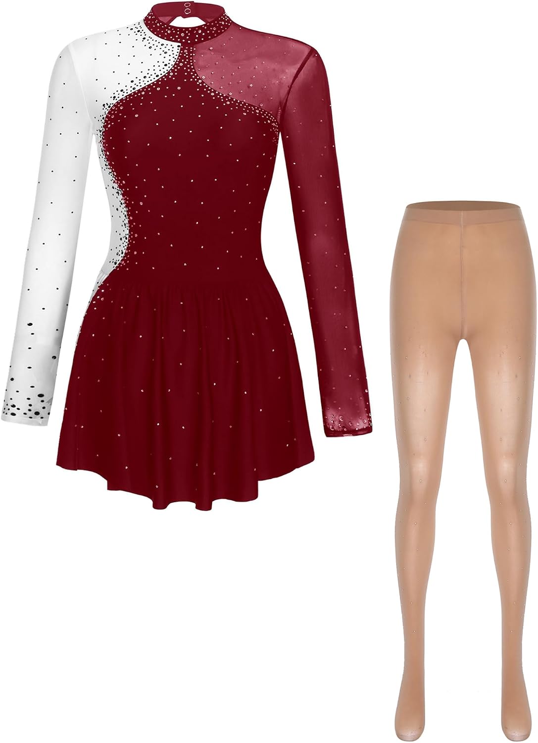 Women Color Block Figure Skating Dress Mock Neck Long Sleeve Ice Skating Costume with Boot Cover Tights