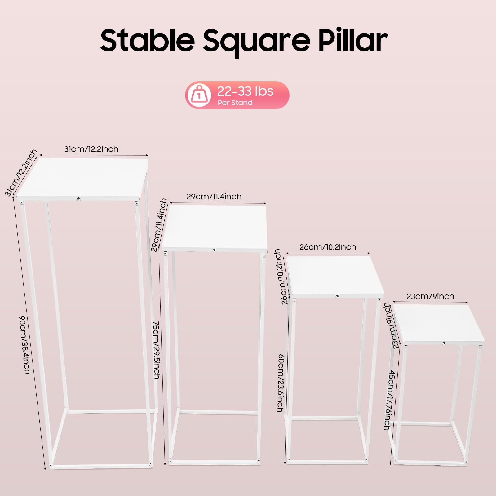 4 jarrones de columna con placa de metal, soporte para flores, centros de boda, centros de mesa de metal, jarrones para bodas, diferentes alturas