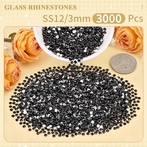 Image of 3000PCS SS12 /3mm Crystal Glass Rhinestones for Bedazzling (Jet Black) | Flatback Rhinestones for Crafting DIY Nail Art Makeup Decoration, Gems Diomand Charms for Tumbler Shoes Clothing Mug