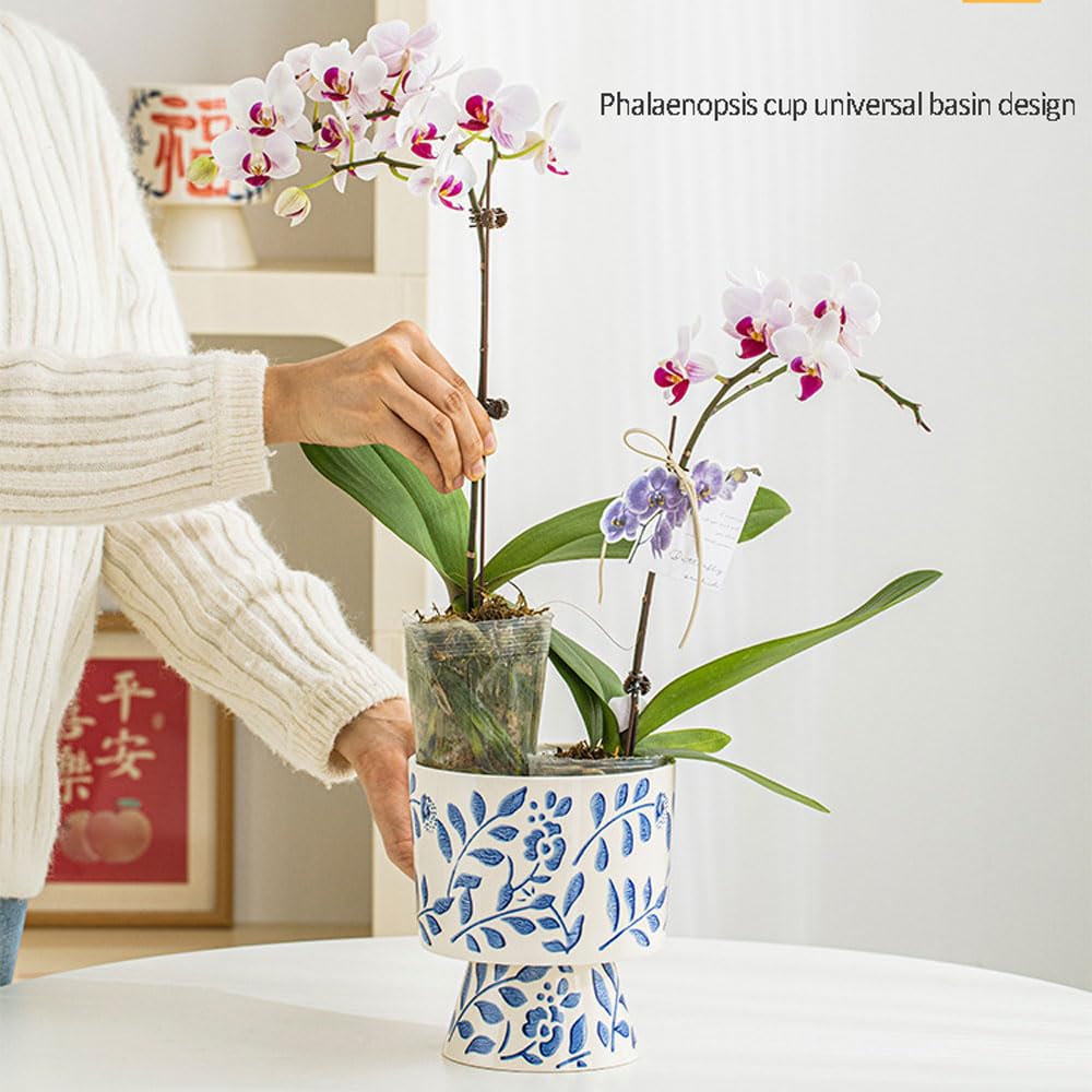Doniczka na storczyki Phalaenopsis, niebiesko-biała porcelanowa doniczka ceramiczna doniczka ogrodowa doniczka na rośliny domowe mała doniczka na storczyki ceramiczna,B 12.5 * 15.5CM