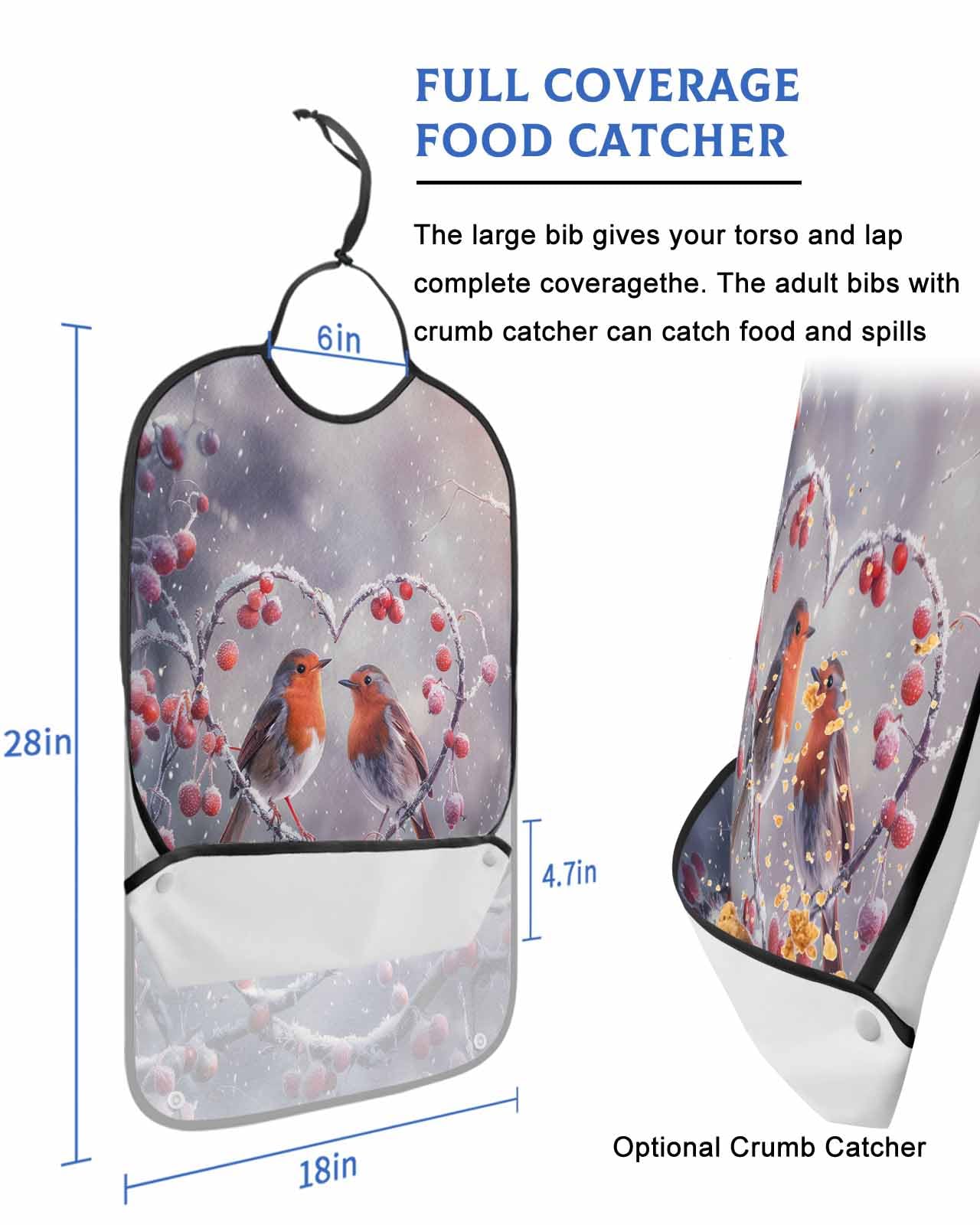 Christmas Adult Bib for Adults Men, Women, Snowy Bird Red Fruit Love Winter Snowflake Washable & Adjustable Terry Cloth Bib with Crumb Catcher Reusable Waterproof Clothing Clothes Protector Apron