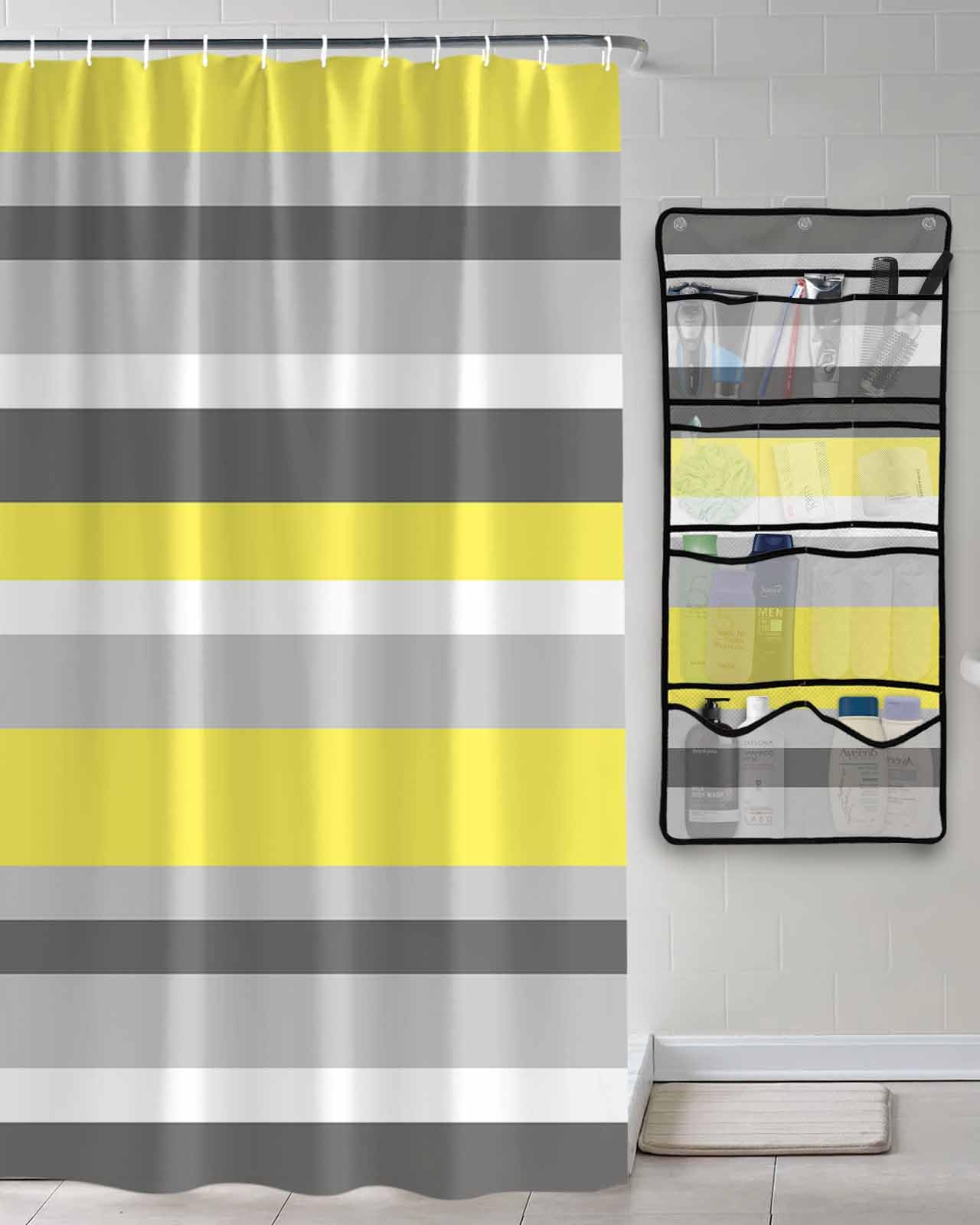 Shower Curtain Mesh Shower Organizer Hanging Set Geometric Stripes Yellow Grey Waterproof Shower Curtains with 10 Pockets Quick