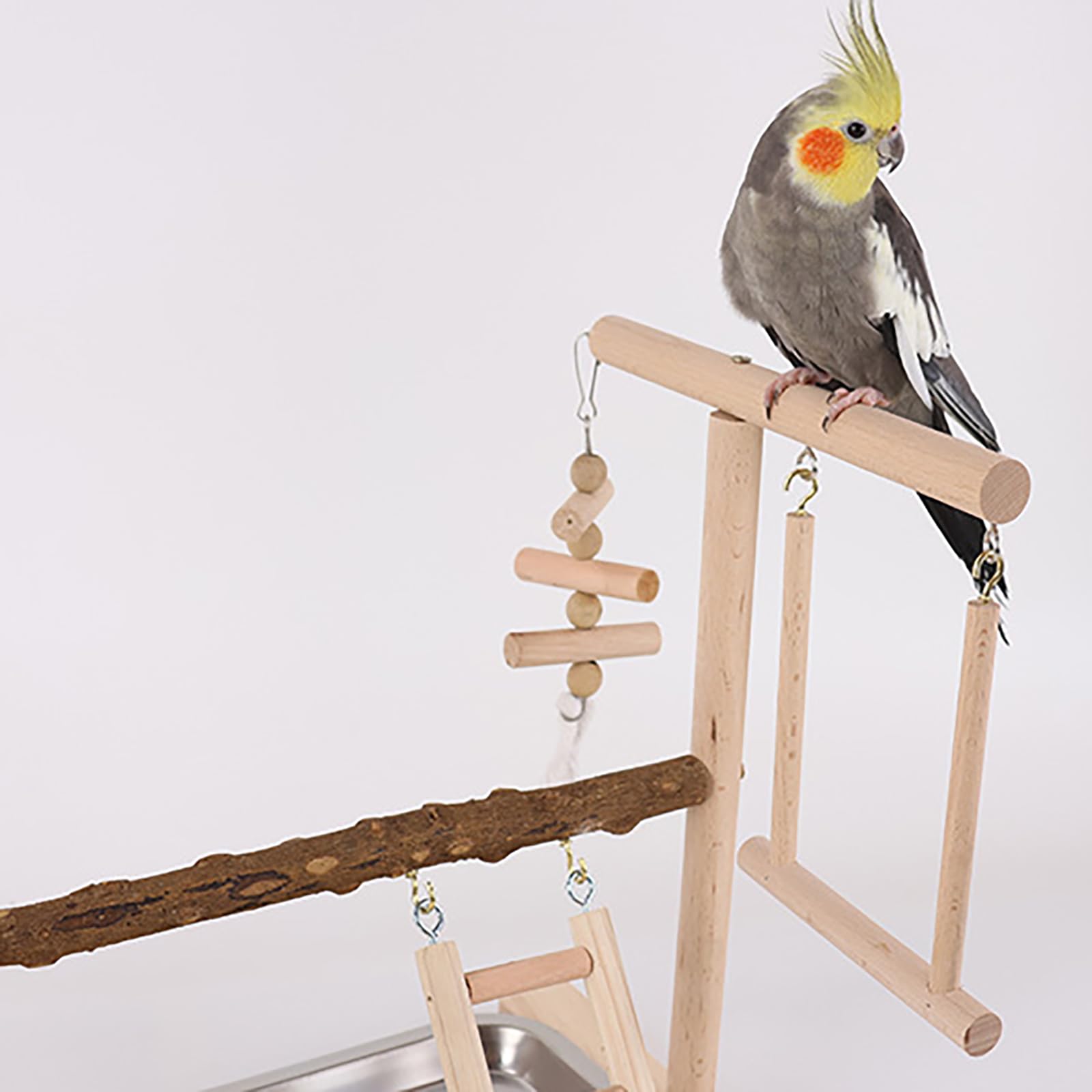 RoseFlower Wooden Bird Playground, Parrot Playstand with Perches, Ladder, Swing, Feeder Cups, Tray for Conure Parakeets - Image 4
