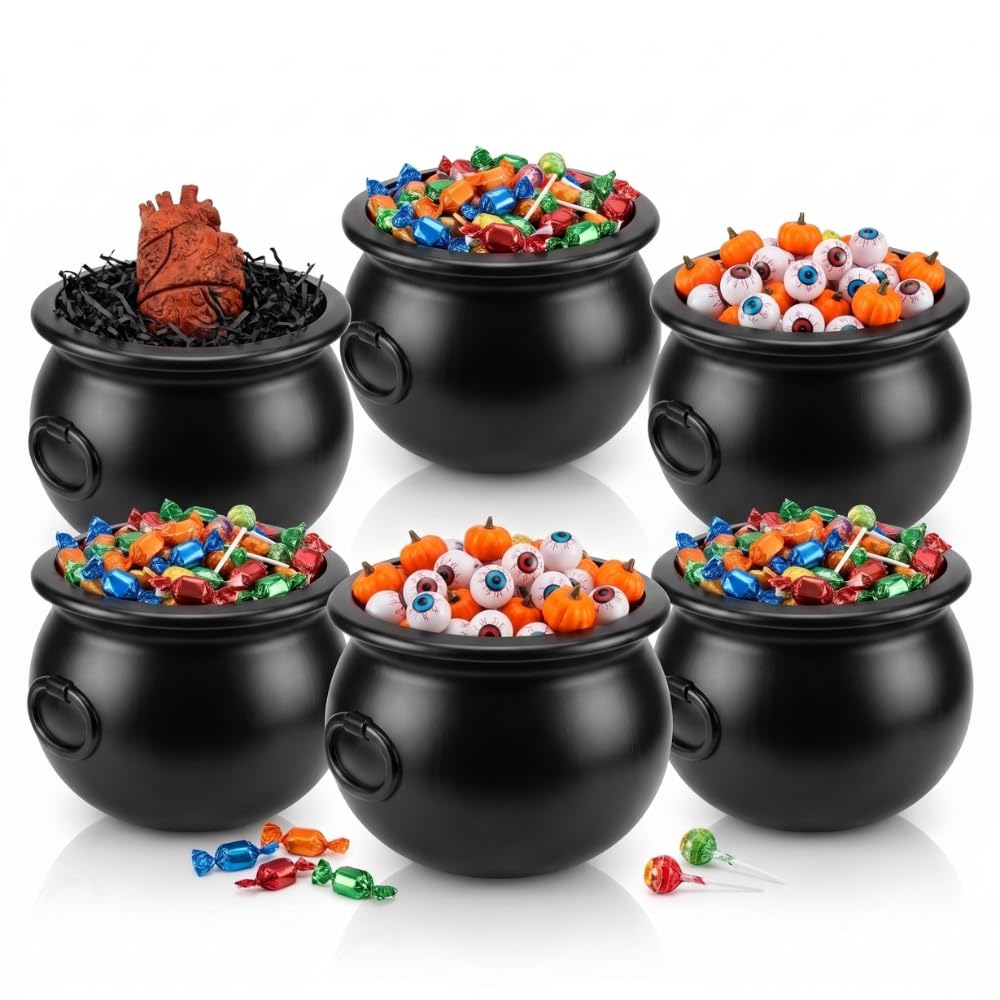 PMU 6 Pcs Halloween Cauldron 12" Witch Plastic Cauldron bowl Black, For Halloween Decor