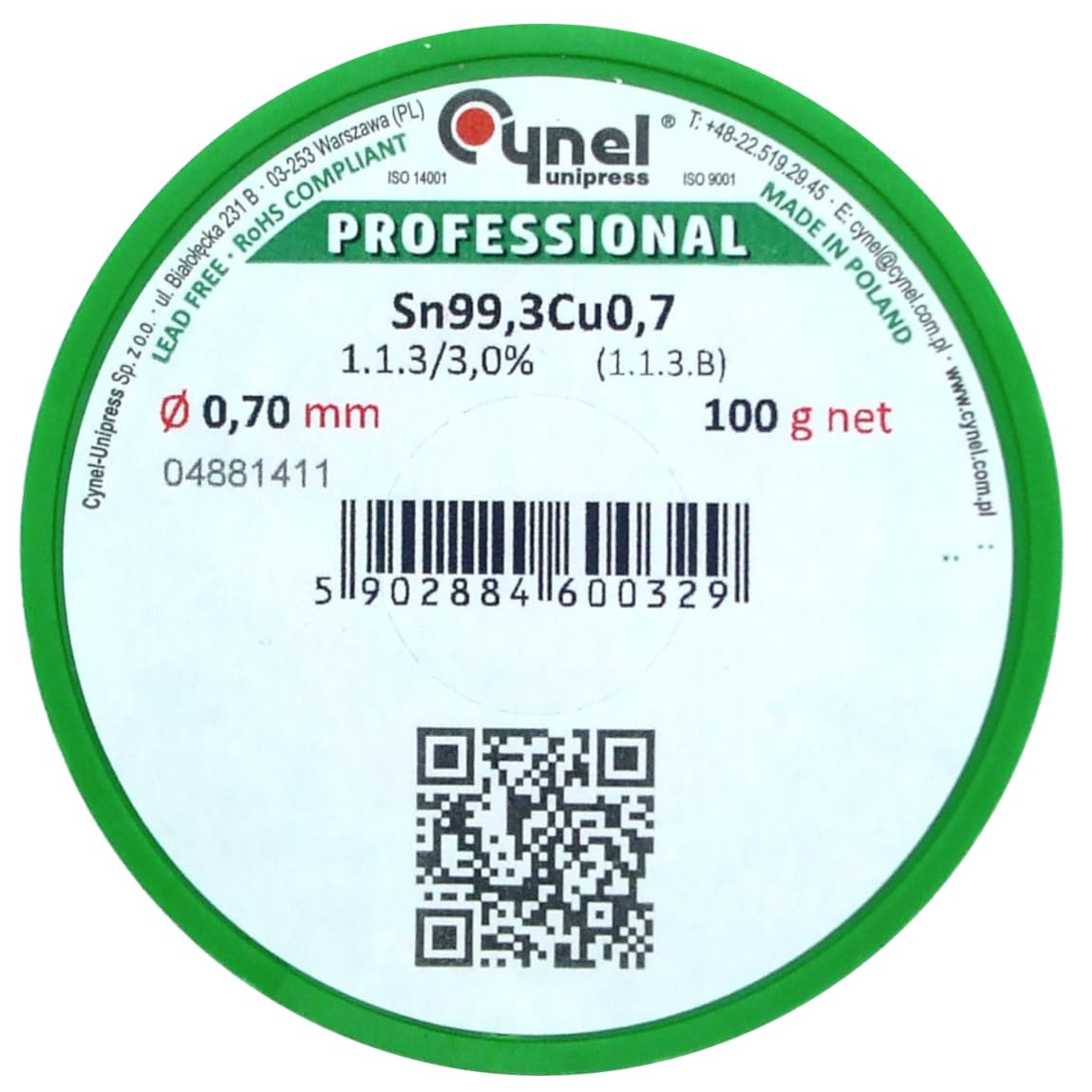 Lead Free Solder Wire, Sn99.3Cu0.7, 100g Reel (Ø 0.7 mm)