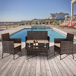 VINGLI 4 Pieces Wicker Outdoor Patio Furniture Set Patio Conversation Set with Coffee Table, All-Weather Rattan Chair Patio Wicker Sofa Set for Yard,Pool or Backyard (Brown)