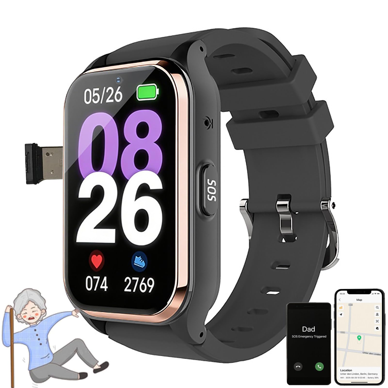ZHZWwansuGE Smartwatch, Fall Detection, SOS Calling, GPS Tracking Anti-Loss Wristband, 1.6″ HD Video Calling, Multi-Language Support, Designed Specifically For The Elderly Gold