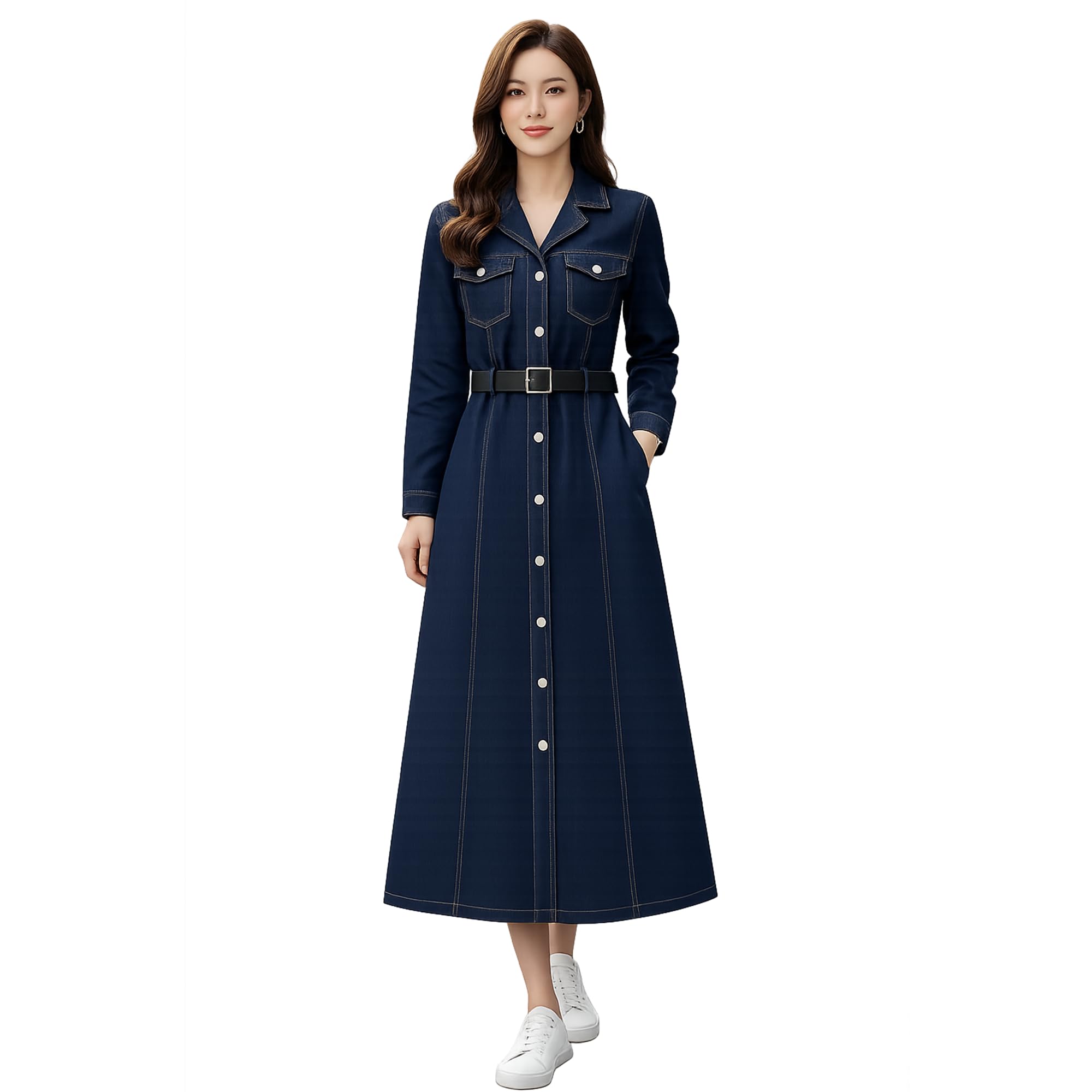 askrekha Denim Dress for Women - Women’s Full Sleeve A-Line Denim Dress with Black Belt | Button Down Midi Dress for Casual & Elegant Wear-picture-25