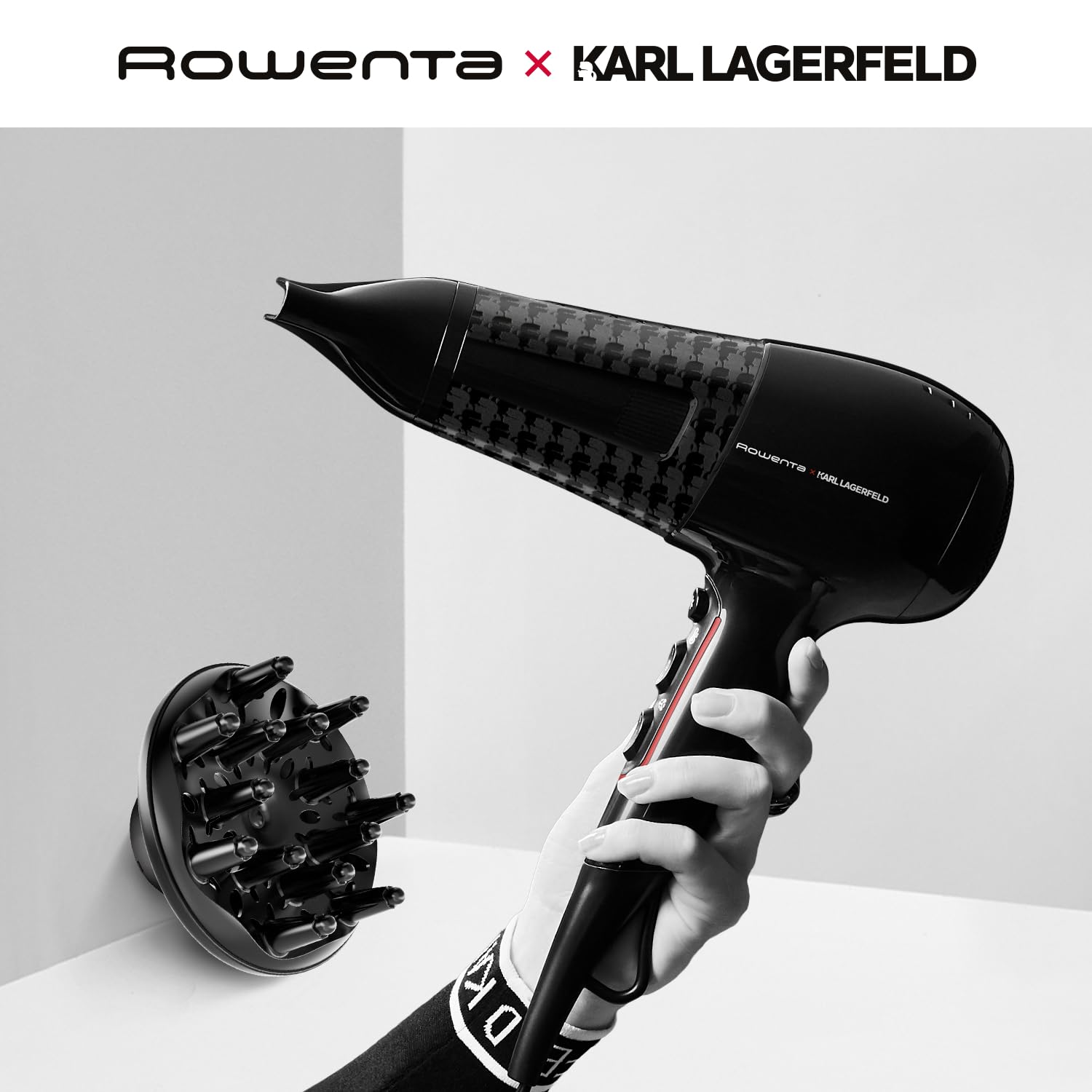 Rowenta x Karl Lagerfeld CV591L Powerline Asciugacapelli, 2300 W, Boost di Ioni, Impostazione Thermo Control per Proteggere i Capelli, 6 Impostazioni di Velocità/Temperatura