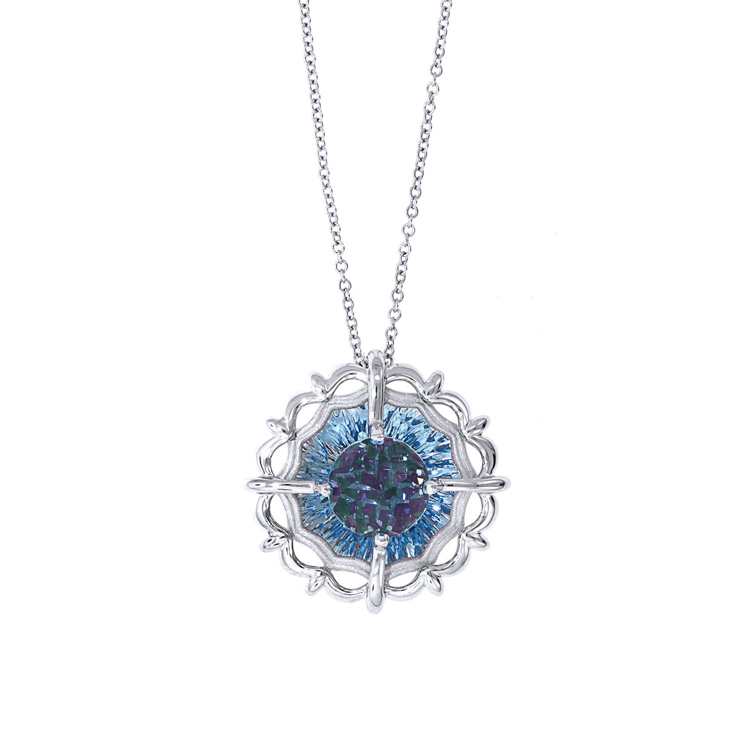 Galatea 14k White Gold DavinChi Cut Blue Topaz Pendant Necklace, 18"
