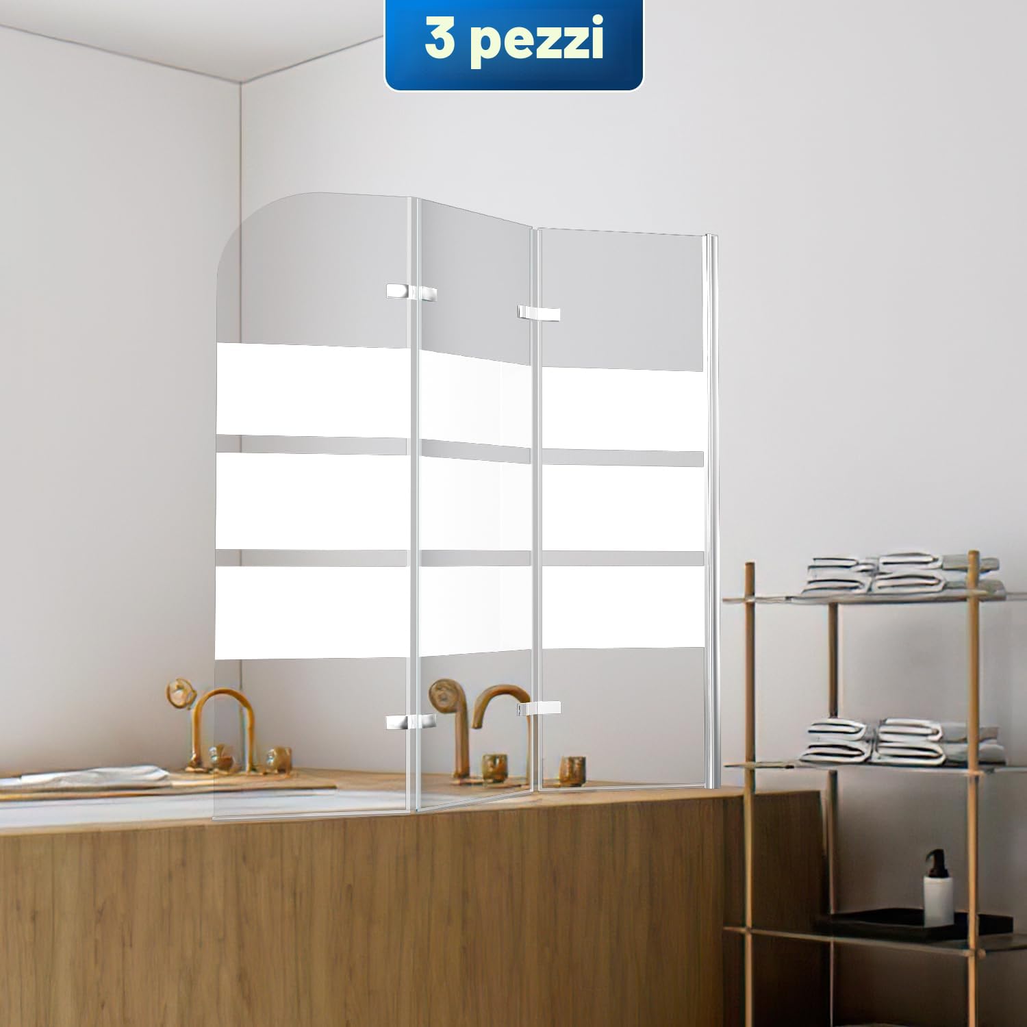 Pannello doccia pieghevole per vasca da bagno, 120 x 140 cm, 3 pezzi, strisce di sicurezza EGS da 6 mm, accessori per box doccia, strisce bianche