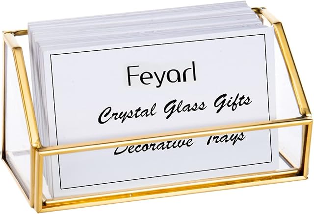 Feyarl Glass Business Card Holder Stand Gold Office Name Card Display Business Card Organizer Storage for Office Desktop Countertop