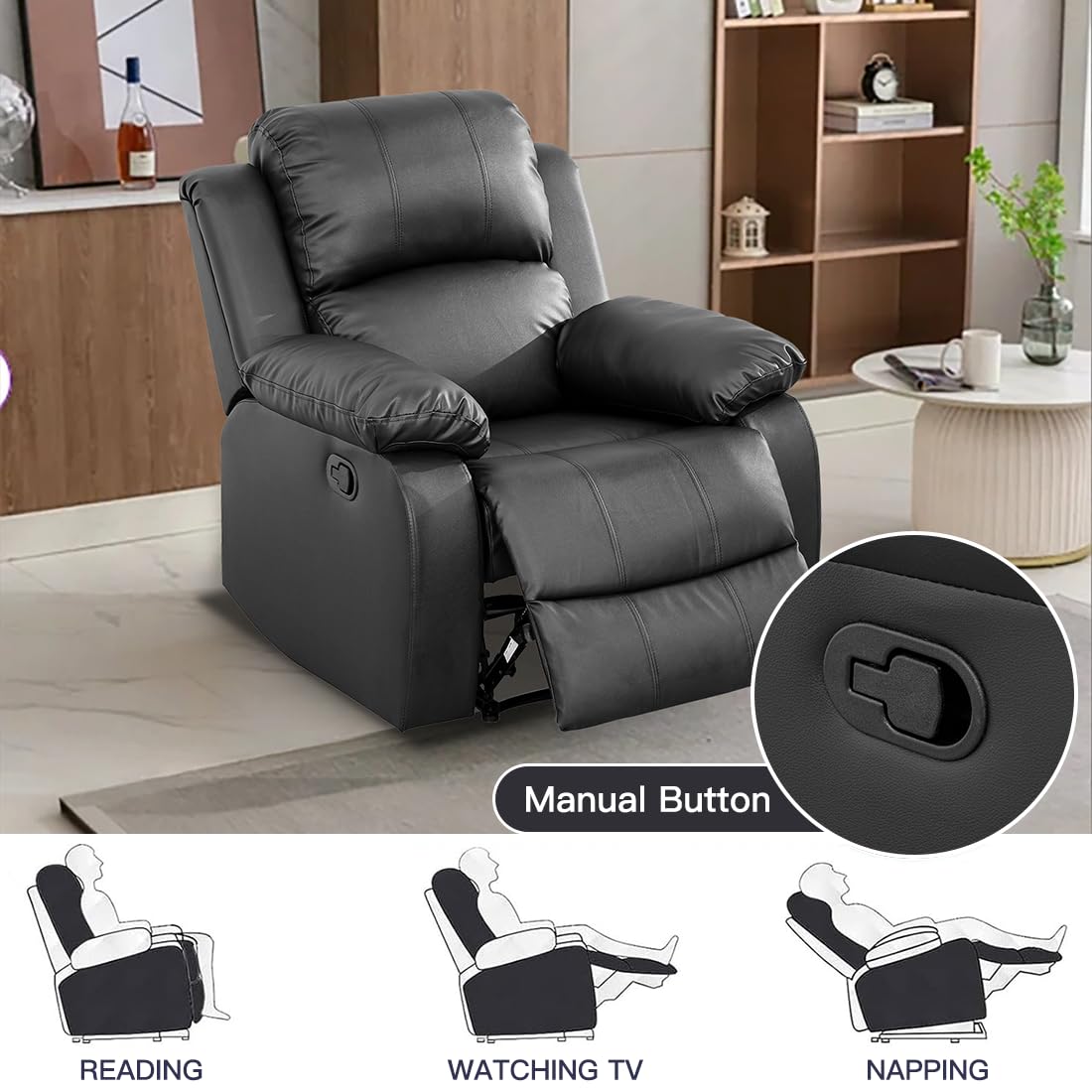 Toseslo Manual Recliner Chair Set, Living Room Furniture Sets with Adjustable Footrests, Modern Single Reclining Sofa Chair, Leather Reclining Couches, Recliner Furniture for RV/Apartment(Beige) view 4