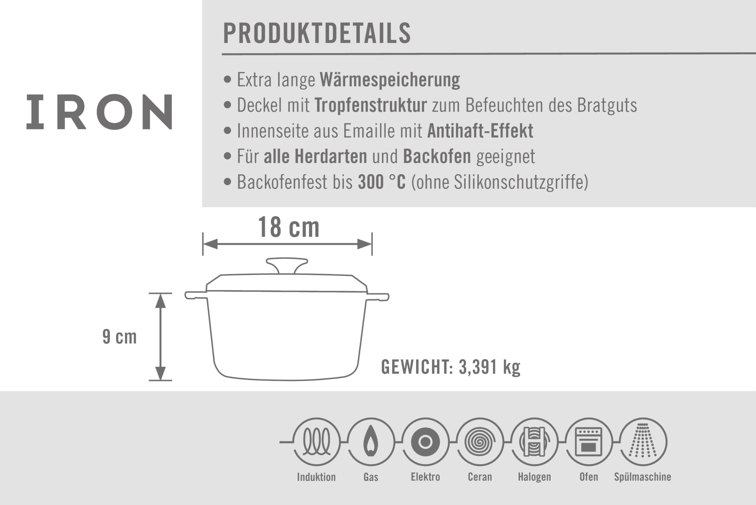 WOLL Żelazny garnek żeliwny Ø 18 cm, szary, z pokrywką i silikonowymi uchwytami – emaliowane żeliwo, nadaje się do płyt indukcyjnych i do piekarnika – do wszystkich rodzajów kuchenek