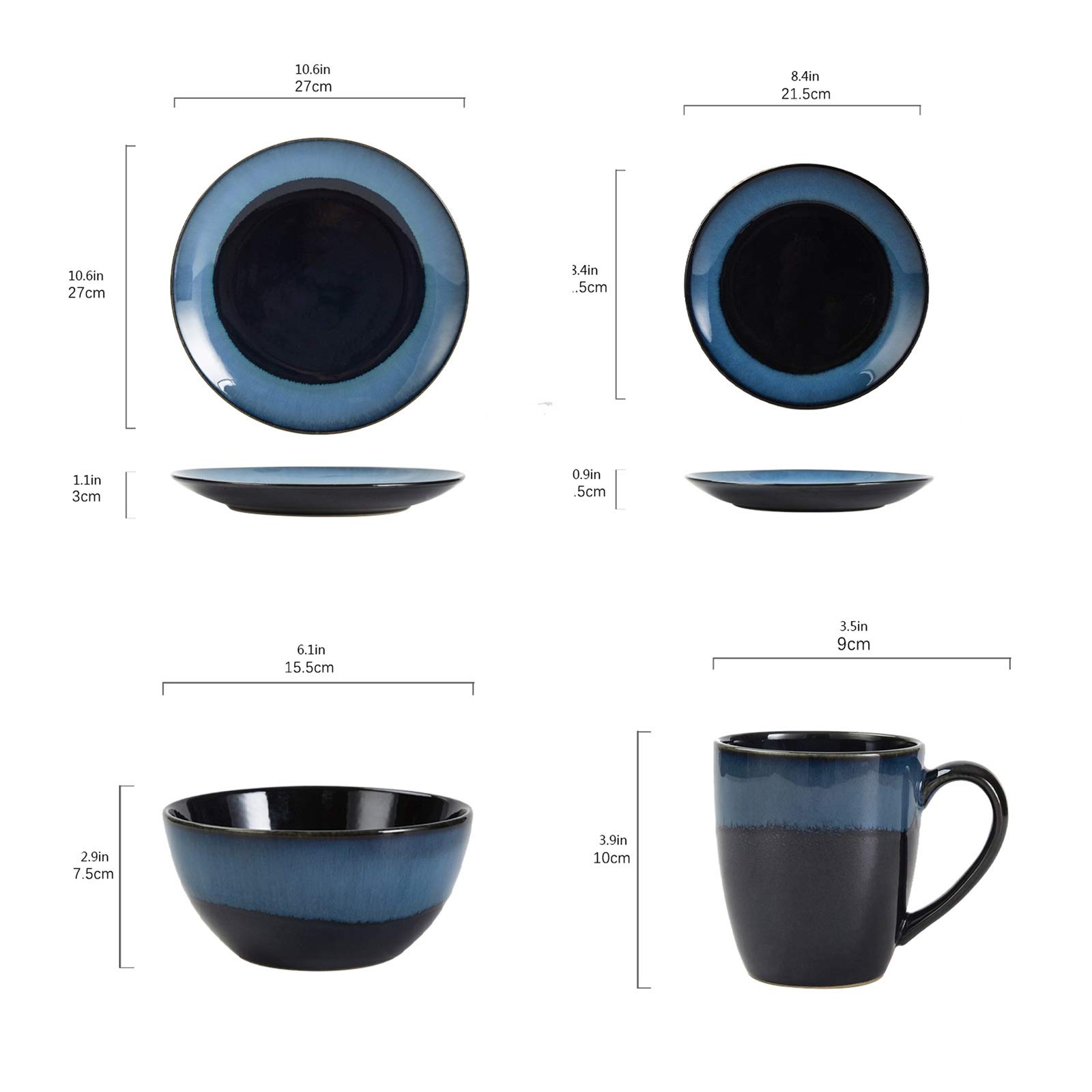 Speiseteller Haushalts-Teller- und Schüssel-Sets, langlebige Keramik-Essteller-Sets, blaues Geschirr-Set mit 4 Stück, Speiseteller, Salatteller und Becher Flachteller