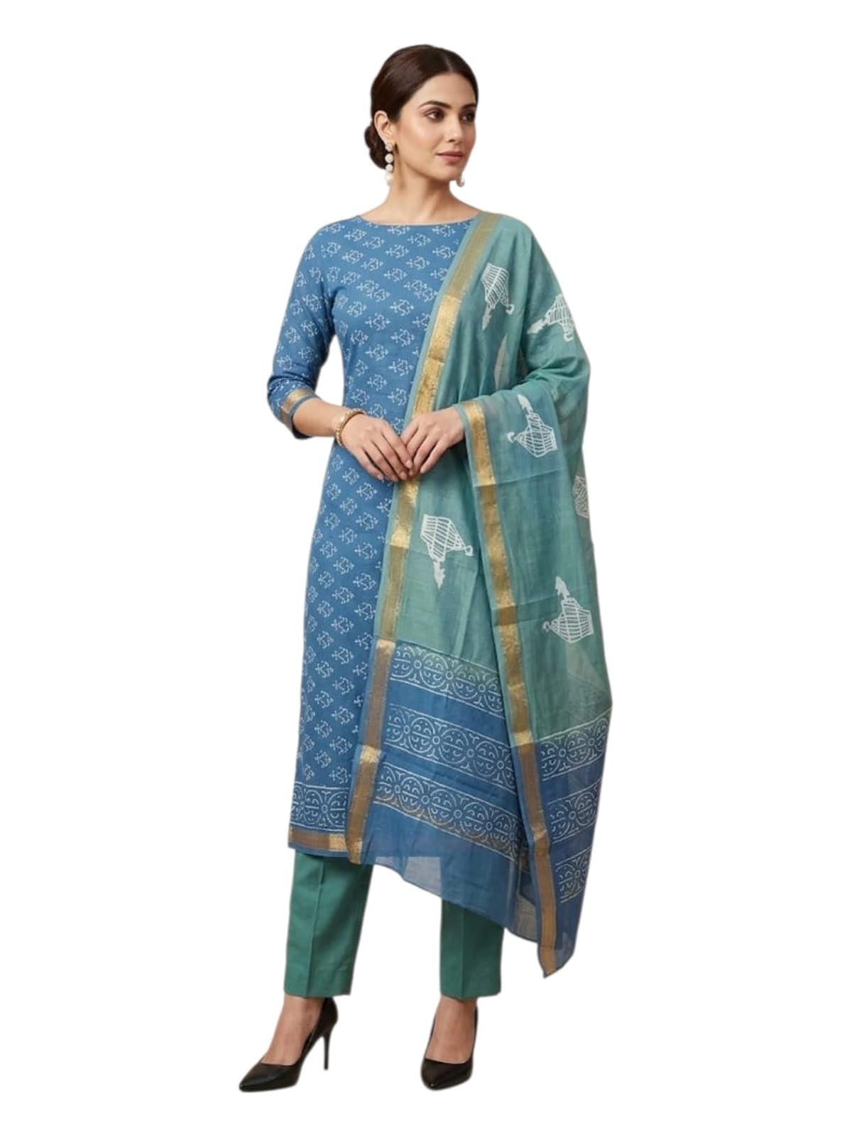 eddika unstitched maheshwari silk hand block printed suit set with cotton bottom (blue and green) emshbss-041-picture-28