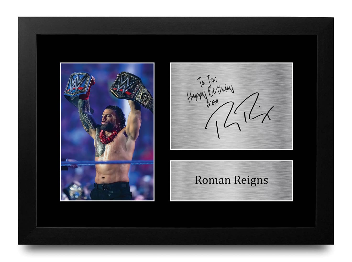 HWC Trading Roman Reigns Personalised Gift - Signed Autograph Picture, Framed A4 Wrestling Memorabilia with Custom Name Message for Birthday Christmas Wedding