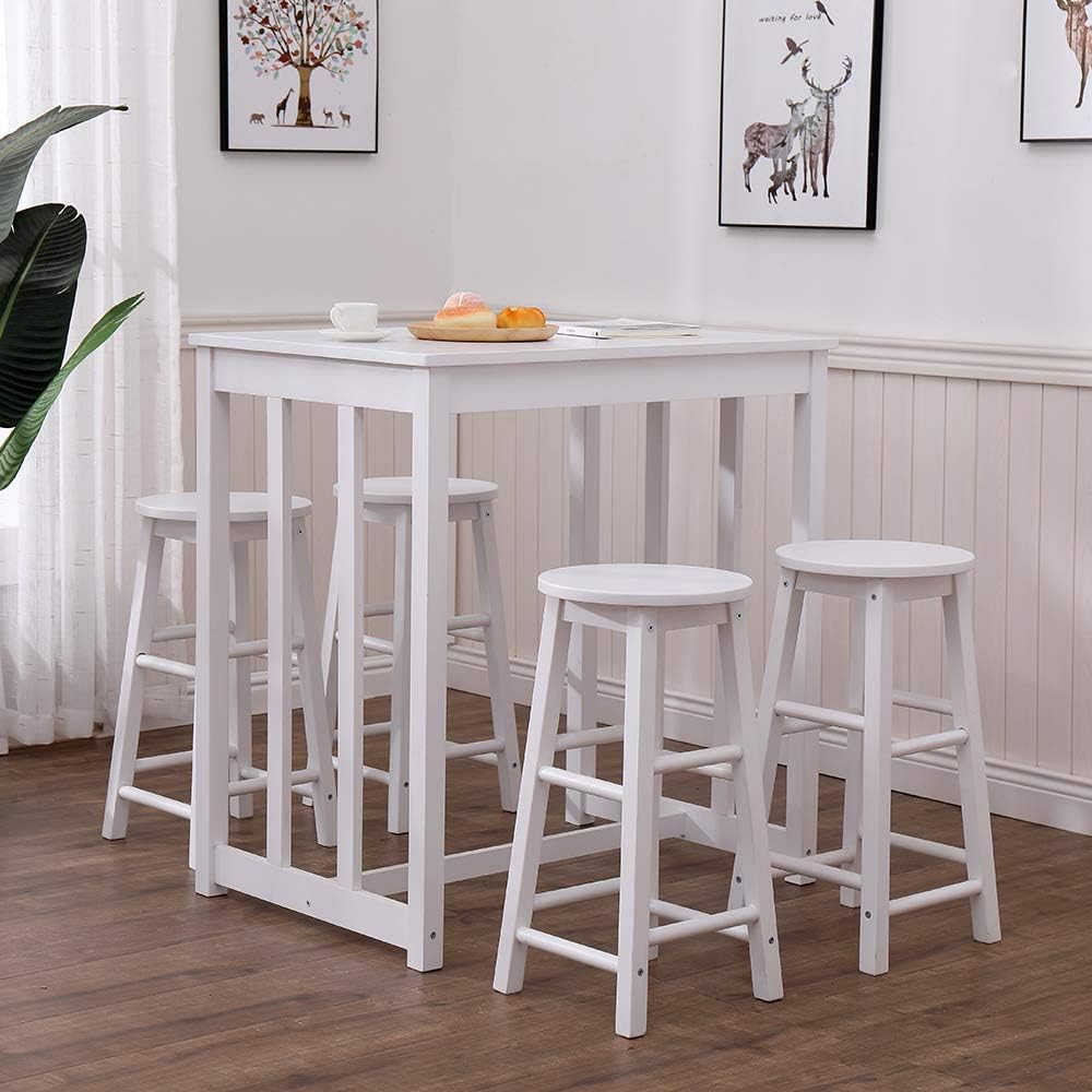 CFDZ Modern Wood Dining Table and 4 Stools Set for Breakfast Kitchen Dining Room,Solid Pine-White,80x60x90cm/30x30x60cm