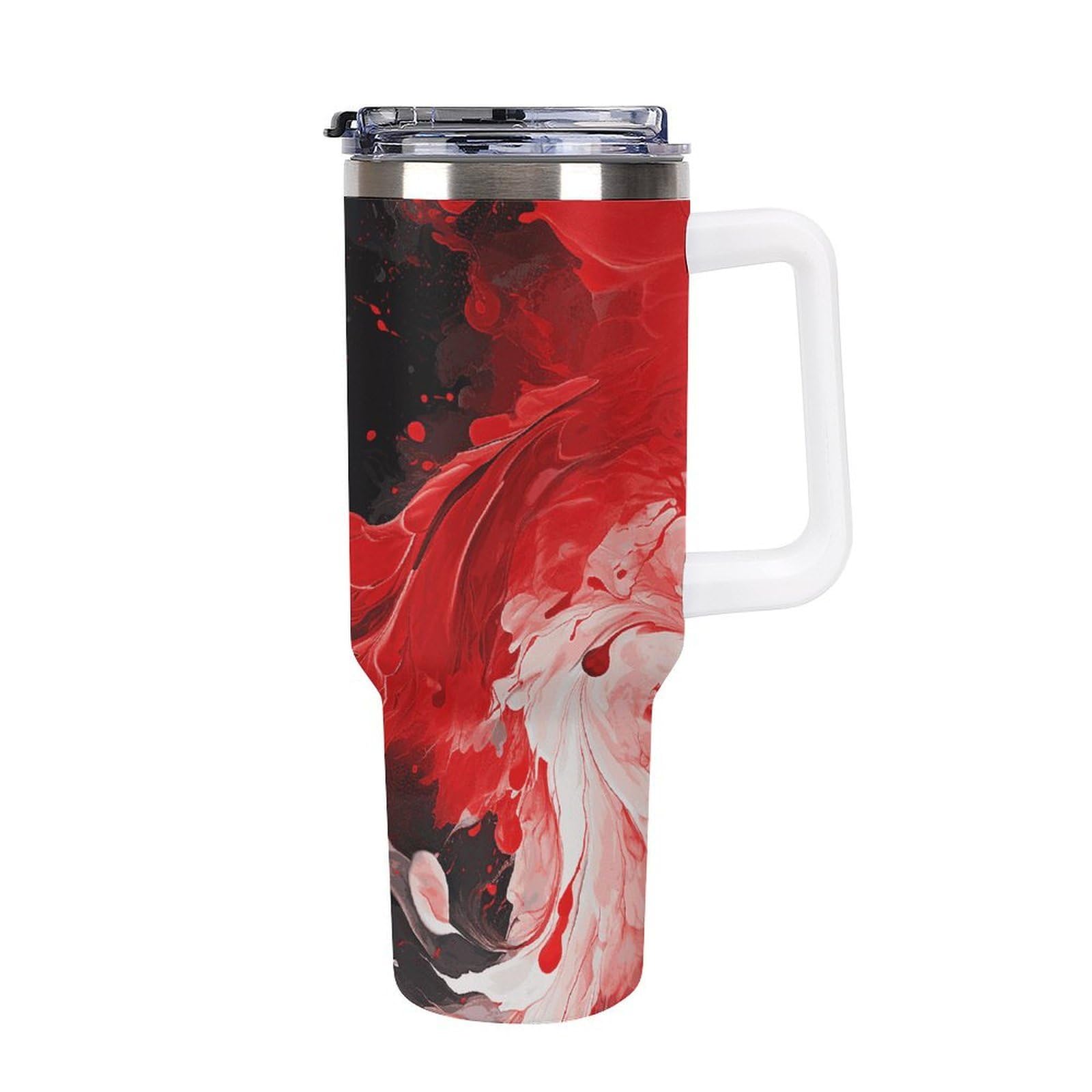 Autobecher aus 304 Edelstahl, abstrakter Becher mit Strohhalm und auslaufsicherem Deckel, großes Fassungsvermögen, vakuumisolierter Reisebecher für Auto-Becherhalter, 1,2 l, Rot / Schwarz