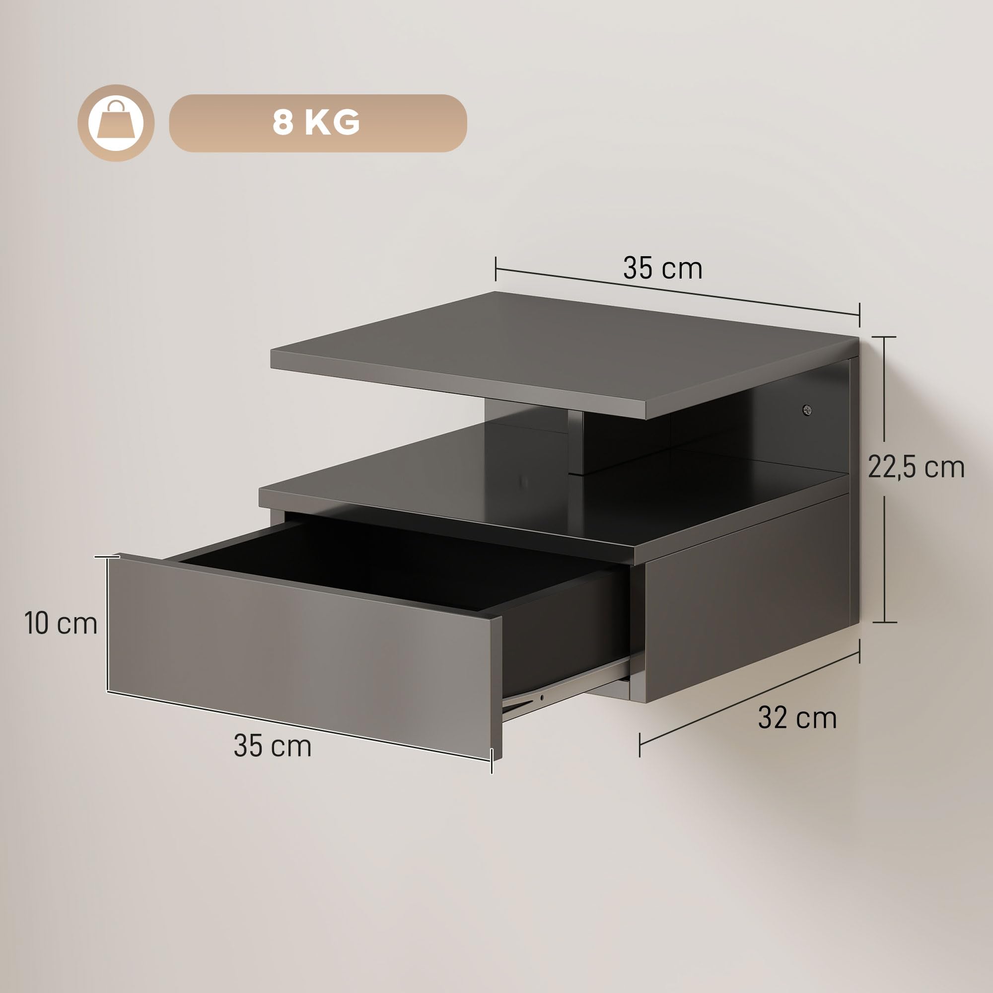 HOMCOM Set 2 Tables Nuit suspendues compactes 35x32x22.5 Noir Brillant