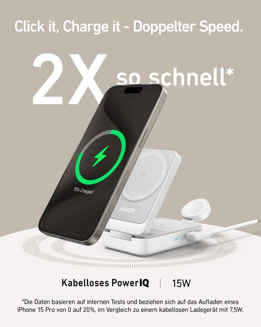 Anker MagGo 3-in-1 Ladestation, Qi2 zertifizierter 15W kabelloser Ladeständer, MagSafe kompatibel, Apple Watch Ladegerät, Für iPhone 17/16/15/14, AirPods, Apple Watch 9 (Mit 40W USB-C Netzteil)