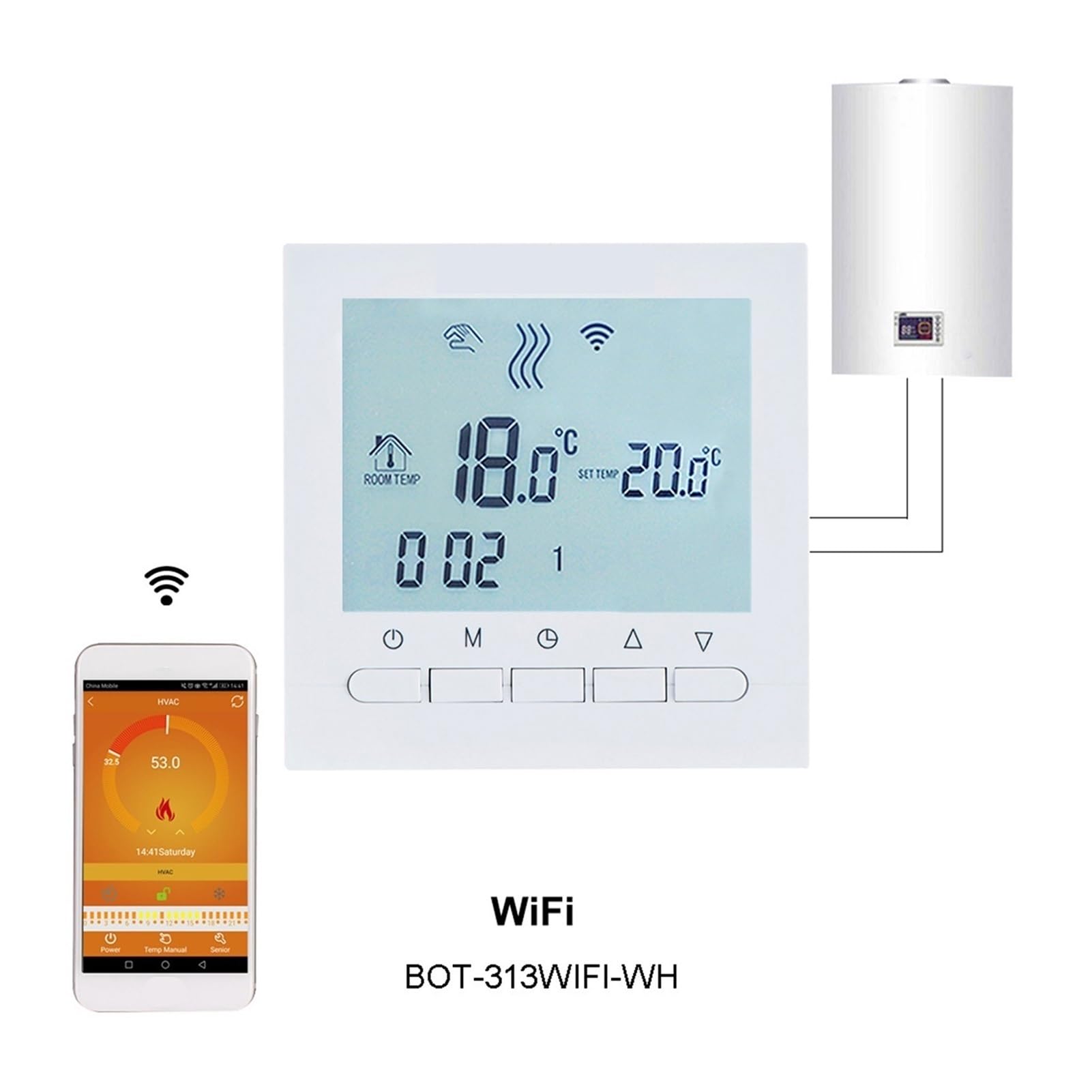 Inteligentny termostat, Bezprzewodowy lub WiFi Smart Thermostat Regulator Kocioł Gasowy Ogrzewanie Tygodniowy programowalny regulator temperatury działa(BOT-313WIFI-WH)