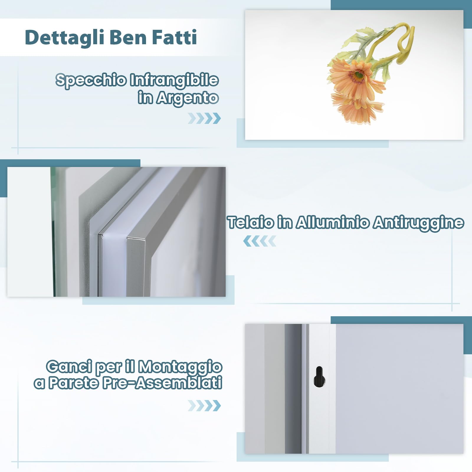 COSTWAY Specchio Bagno Rettangolare con Luce a 3 Colori 80 x 60 cm