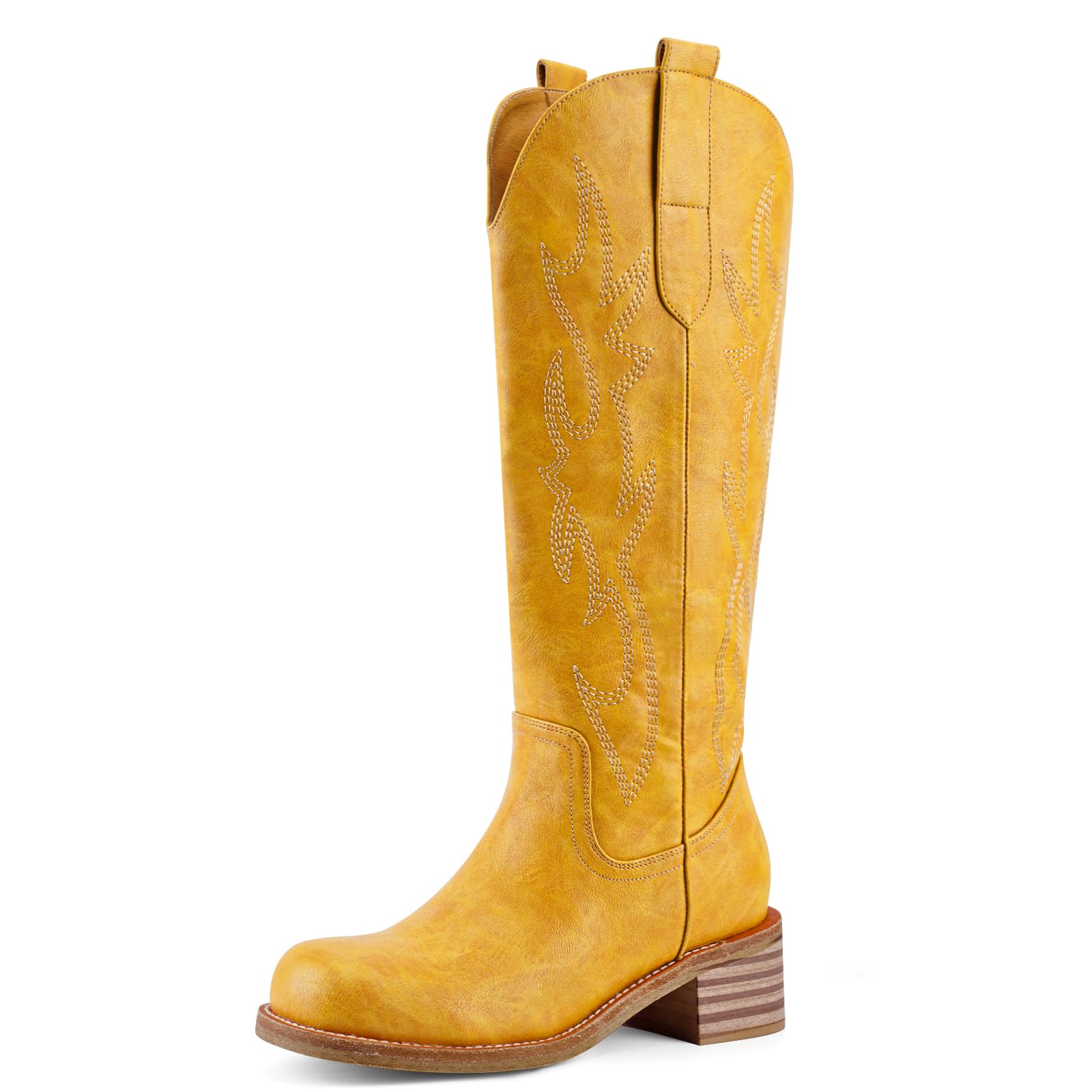 Cowboy Boots Knee High Women Western Embroidered Square Toe Wide Calf Chunky Heel Chunky Heel Retro Classic Tall