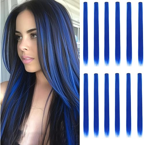 12 Pcs Crystal Blue hair extensions 22 Inch Straight colored hair colorful clip in extensions Highlight Party for Kids Girls and Women Gift(Crystal Blue,33)