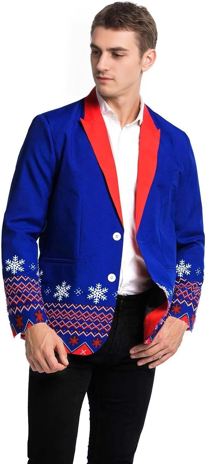 The Fancy Dress Ugly Christmas Blazer Jacket for Men Xmas Snowflake Slim Fit Notched Lapel Coat Novelty Christmas Suit Jacket with Pocket Festive Party Costume Royal Blue L